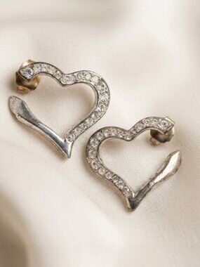 AVON Vintage Rhinestone Heart Earrings Silver Tone Open Heart .9"